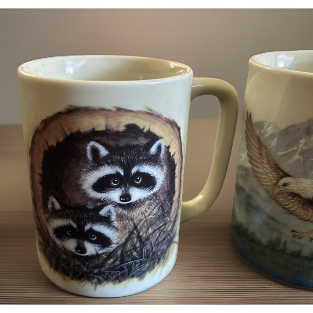 Otagiri Mugs Lot Of 3 Eagle Raccoon Natures Endangered Wildlife Japan Vintage - Picture 2 of 9